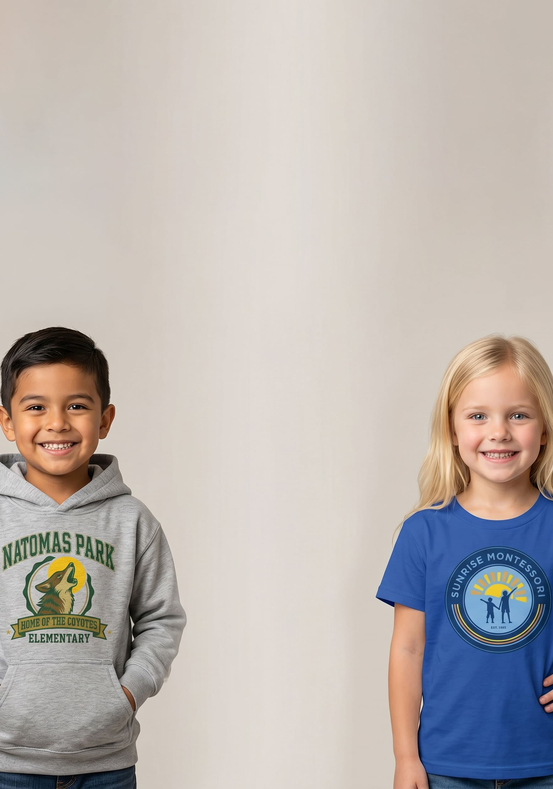 Two kids wearing school spirit hoodies from Natomas Park Elementary and Sunrise Montessori