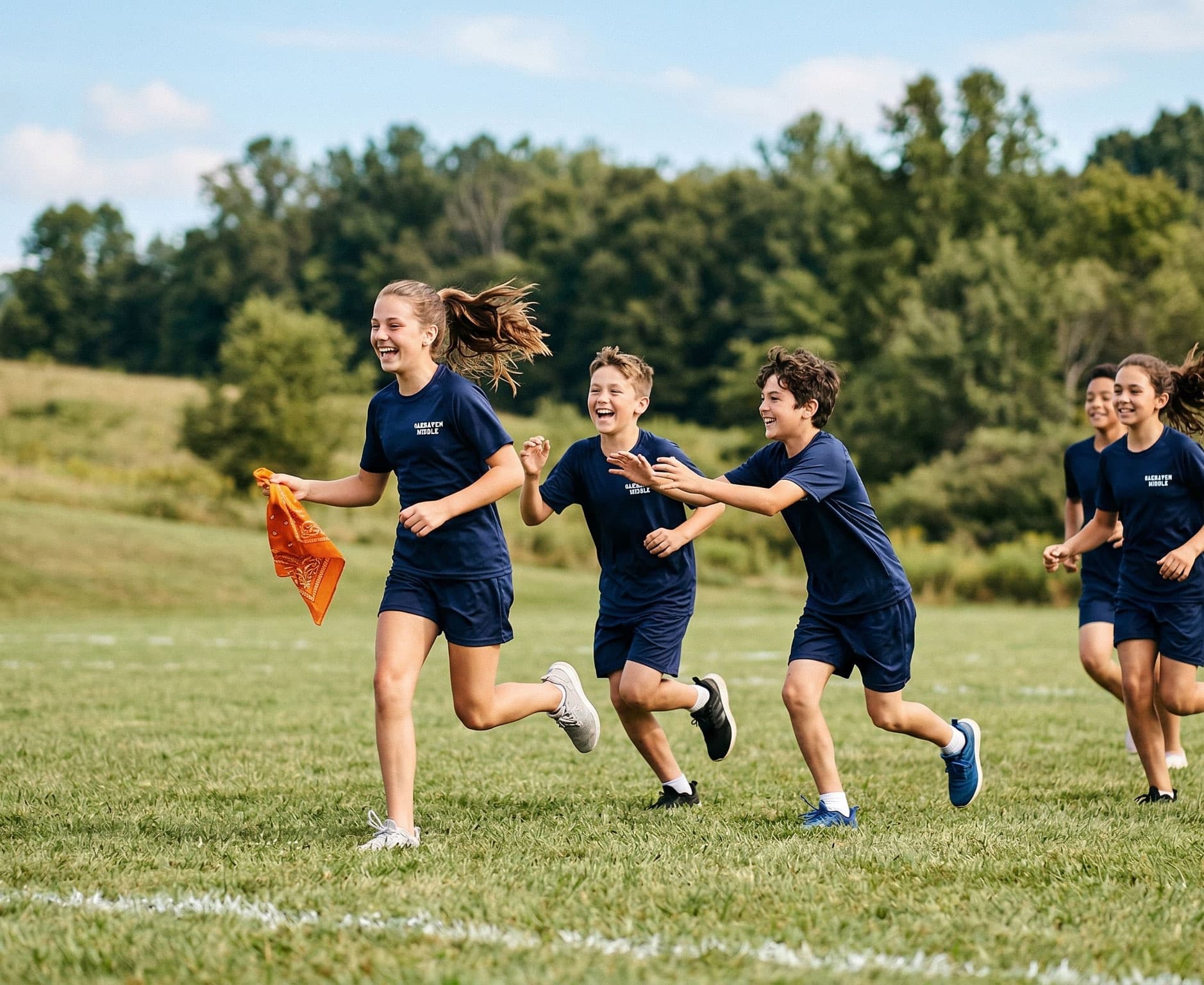 Kids in PE uniforms running on a field